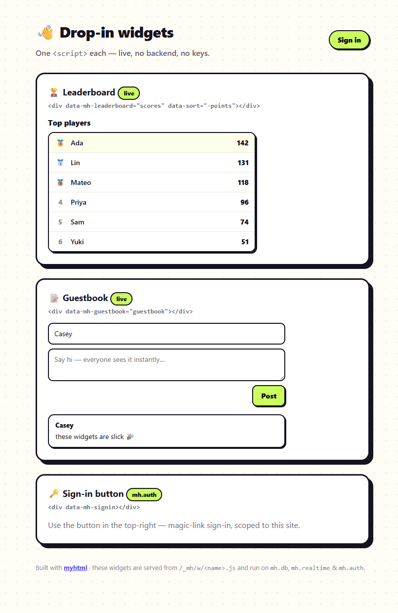 Live leaderboard, guestbook, and sign-in widgets on a myhtml page